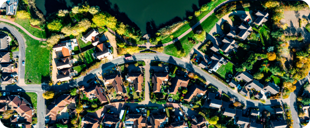 Aerial view of suburban neighborhood.