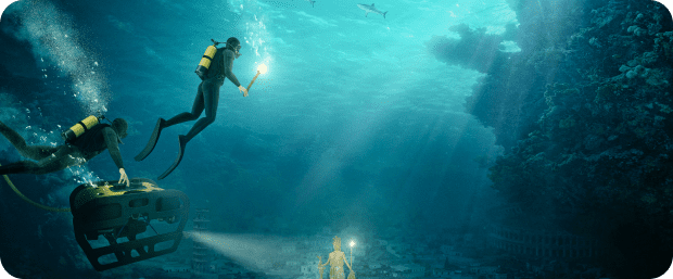 Divers exploring underwater with an ROV.