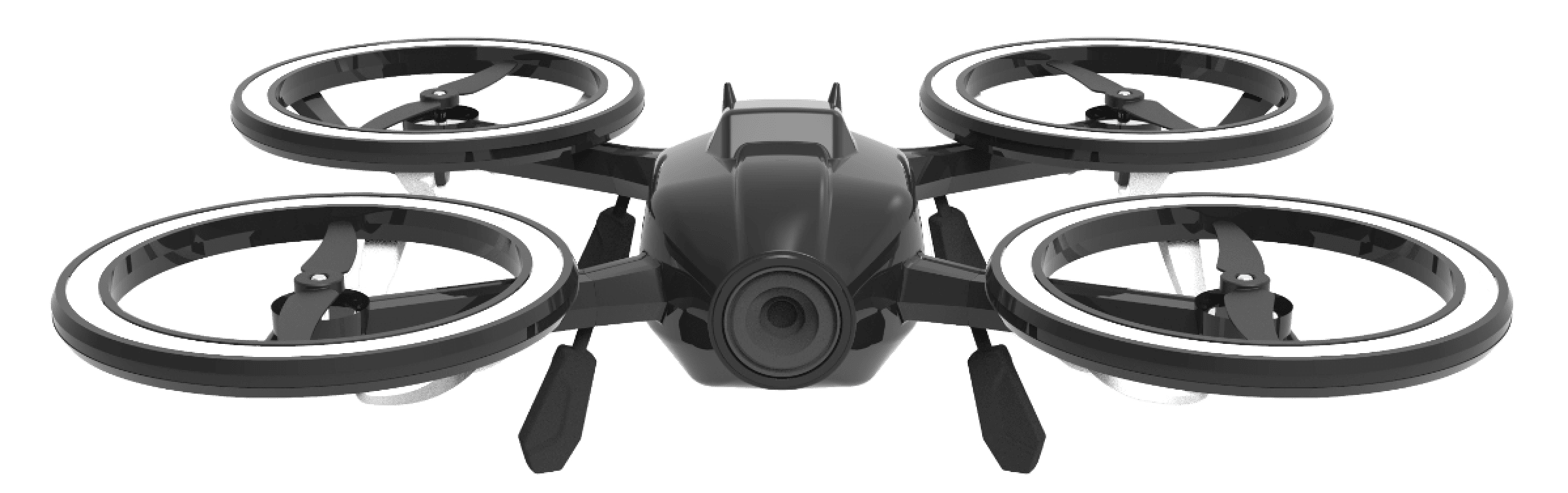 Black drone with four propellers and camera.